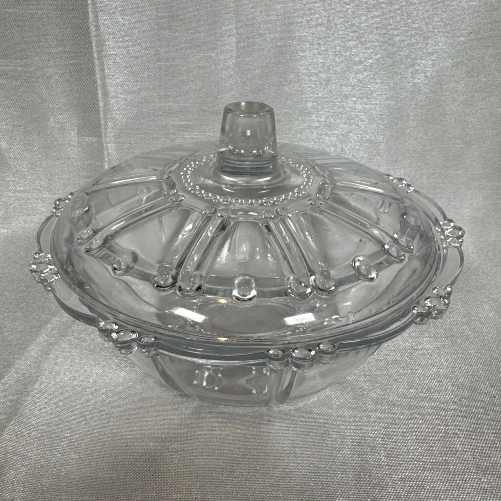 Vintage‎ KIG (Indonesia) Depression Clear Glass Candy Dish with Lid Poke Pattern